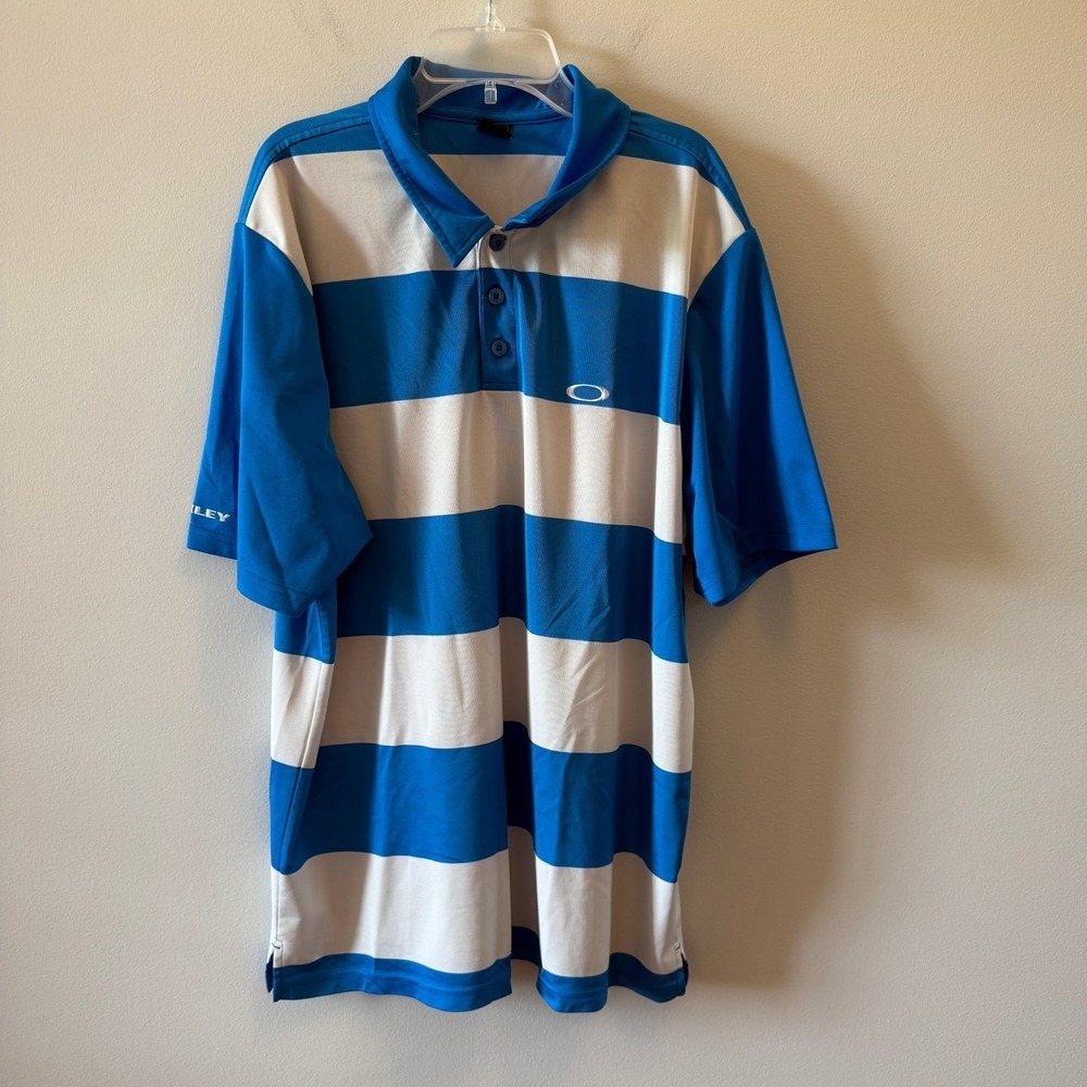 Oakley Blue & Gray Striped Polo Shirt Men's Size XL Athletic Casual